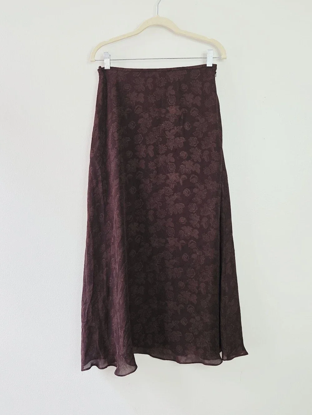 Lauren Ralph Lauren Chocolate Brown Fall Leaves Silk Printed Midi Bias Cut Skirt - Picture 1 of 4